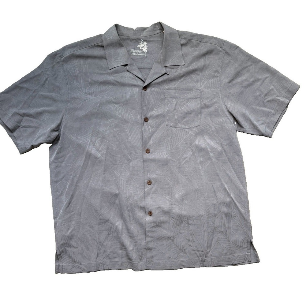 Tommy Bahama Shirt Mens XL Gray 100% Silk Tropical Leaf Camp Hawaiian Aloha